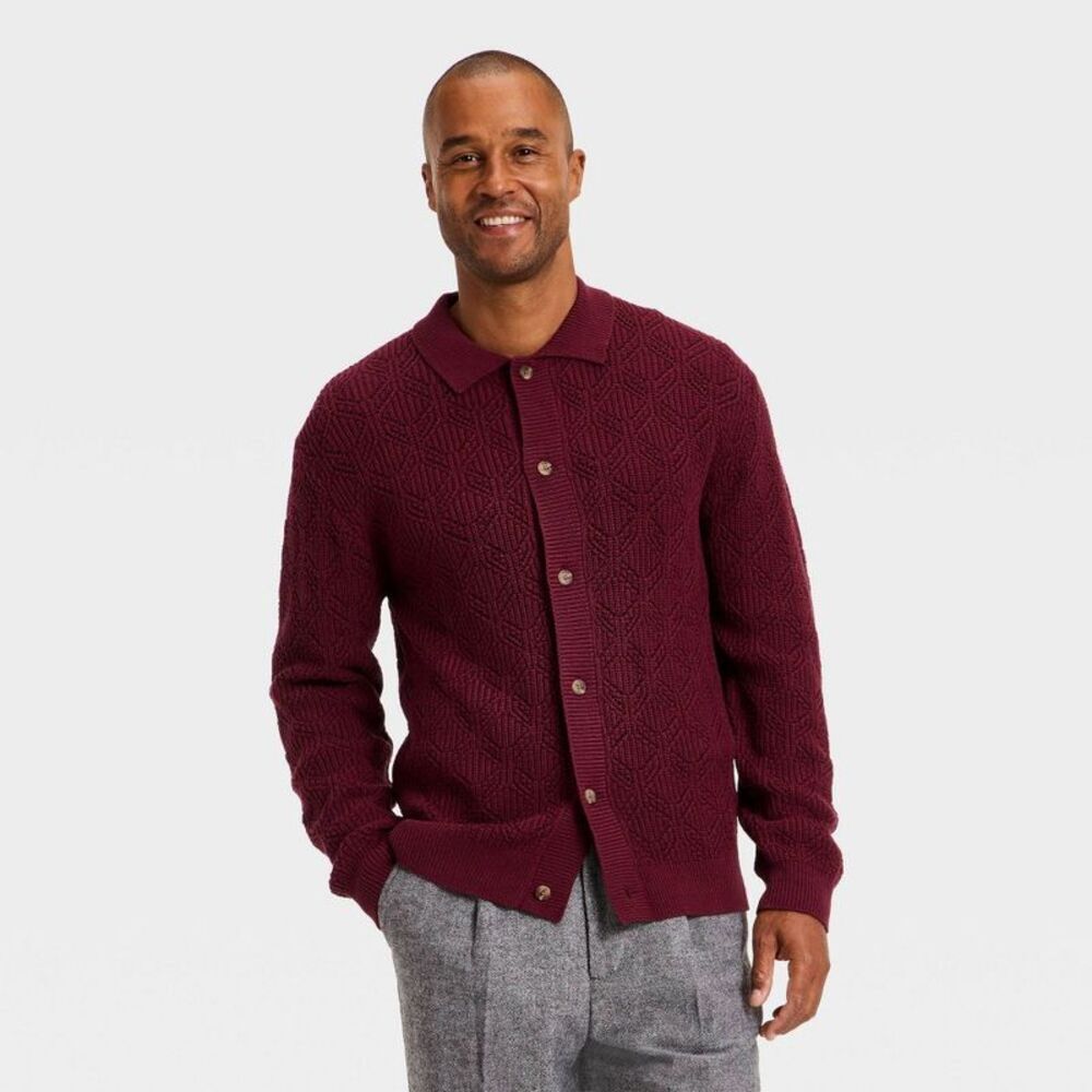 Men's Long Sleeve Cardigan Sweater - Goodfellow & Co Red S